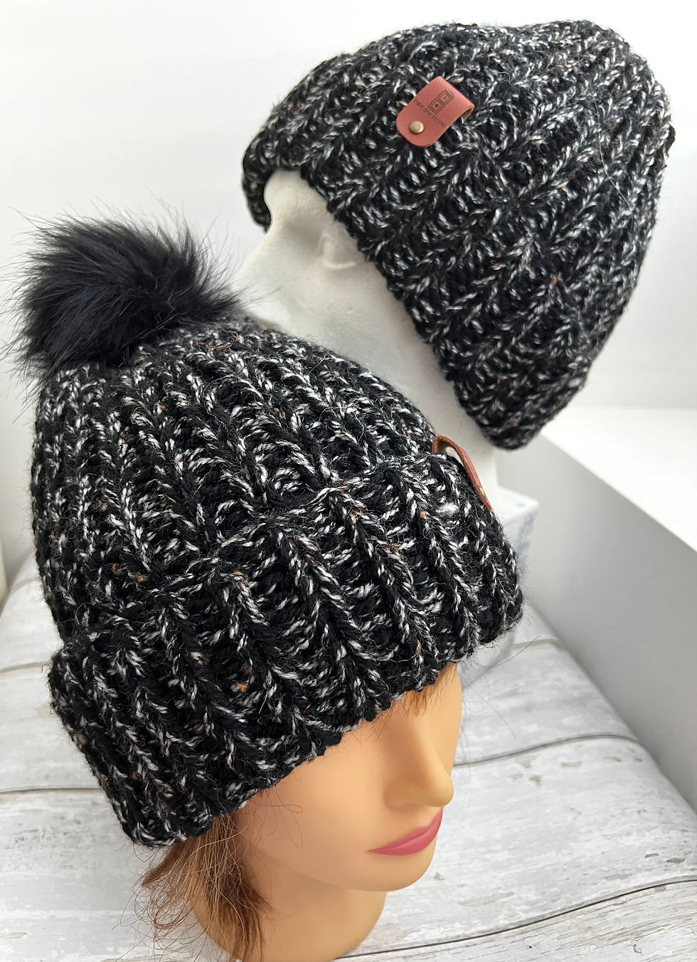 Chunky Wool Beanie Black White Two Tone Mix with or without Pom Pom