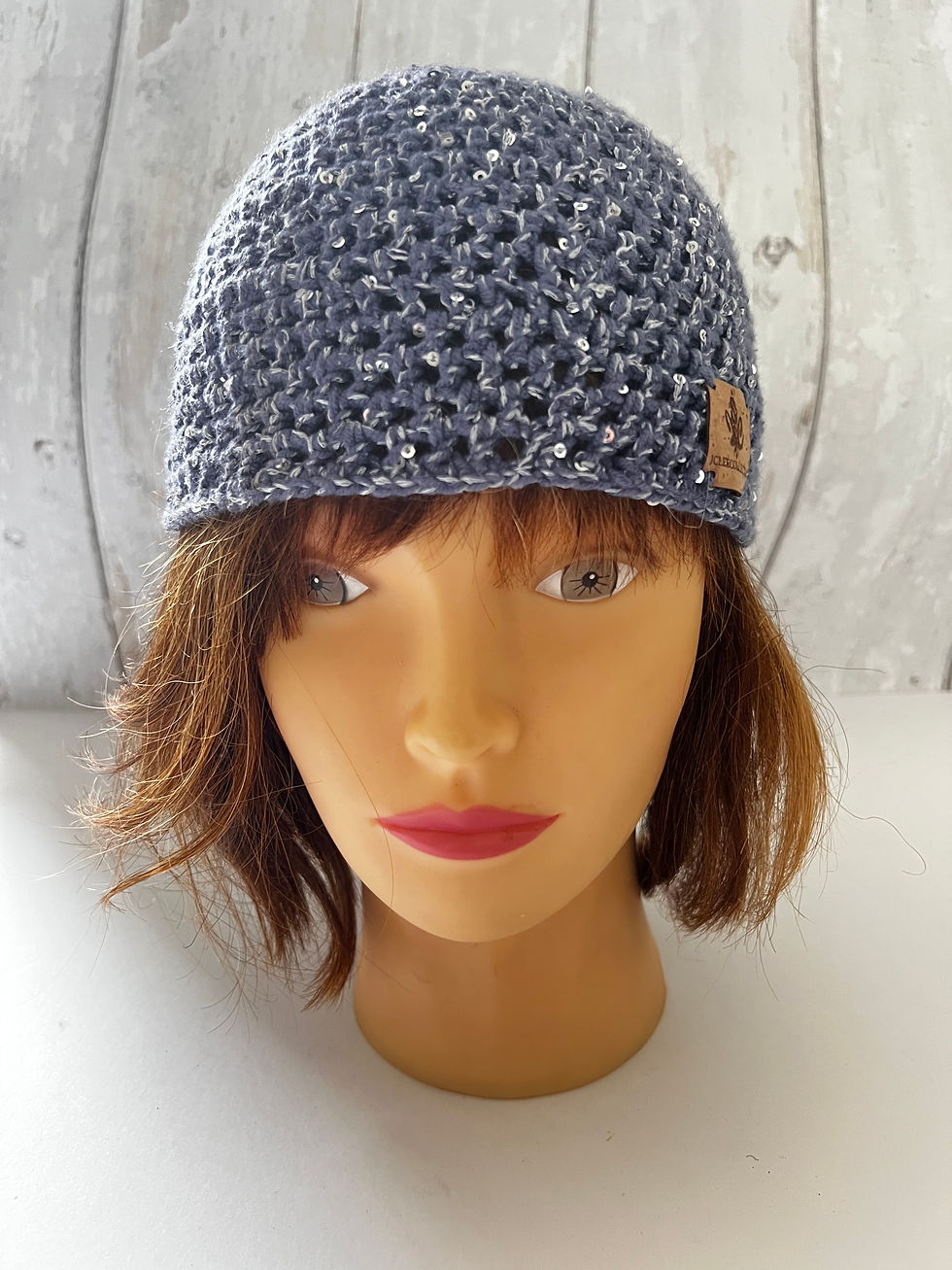 Blue sequin mesh cap front view