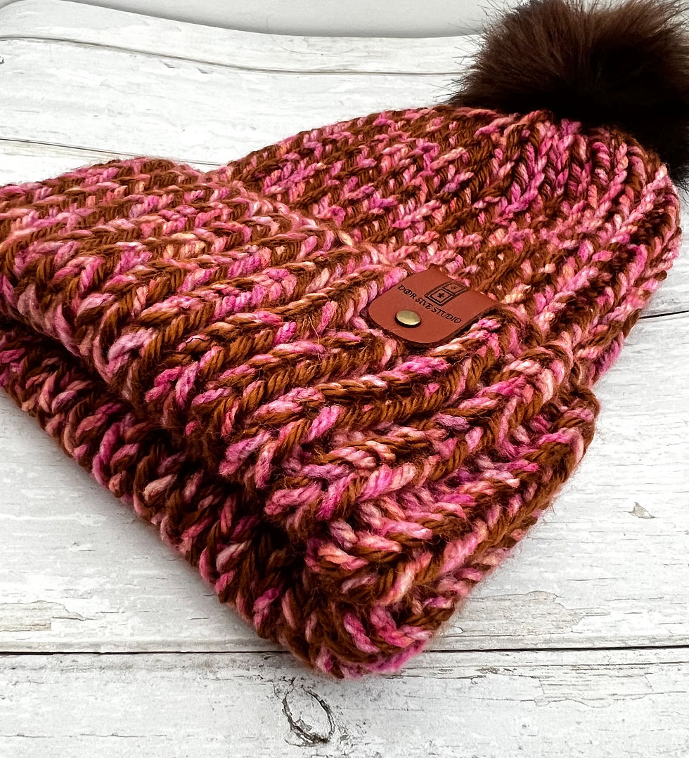 Thumbnail: xChunky wool Beanie Pink Brown two tone mix. laid flat