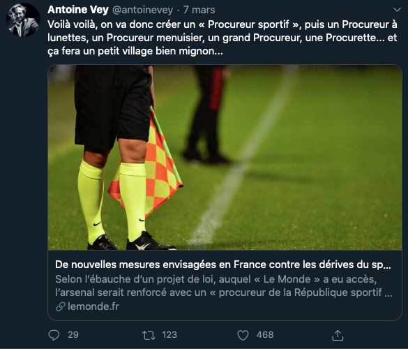 Antoine Vey ironisant sur l'annonce de la création d'un nouvel parquet spécialisé sur les infractions liées au droit du sport