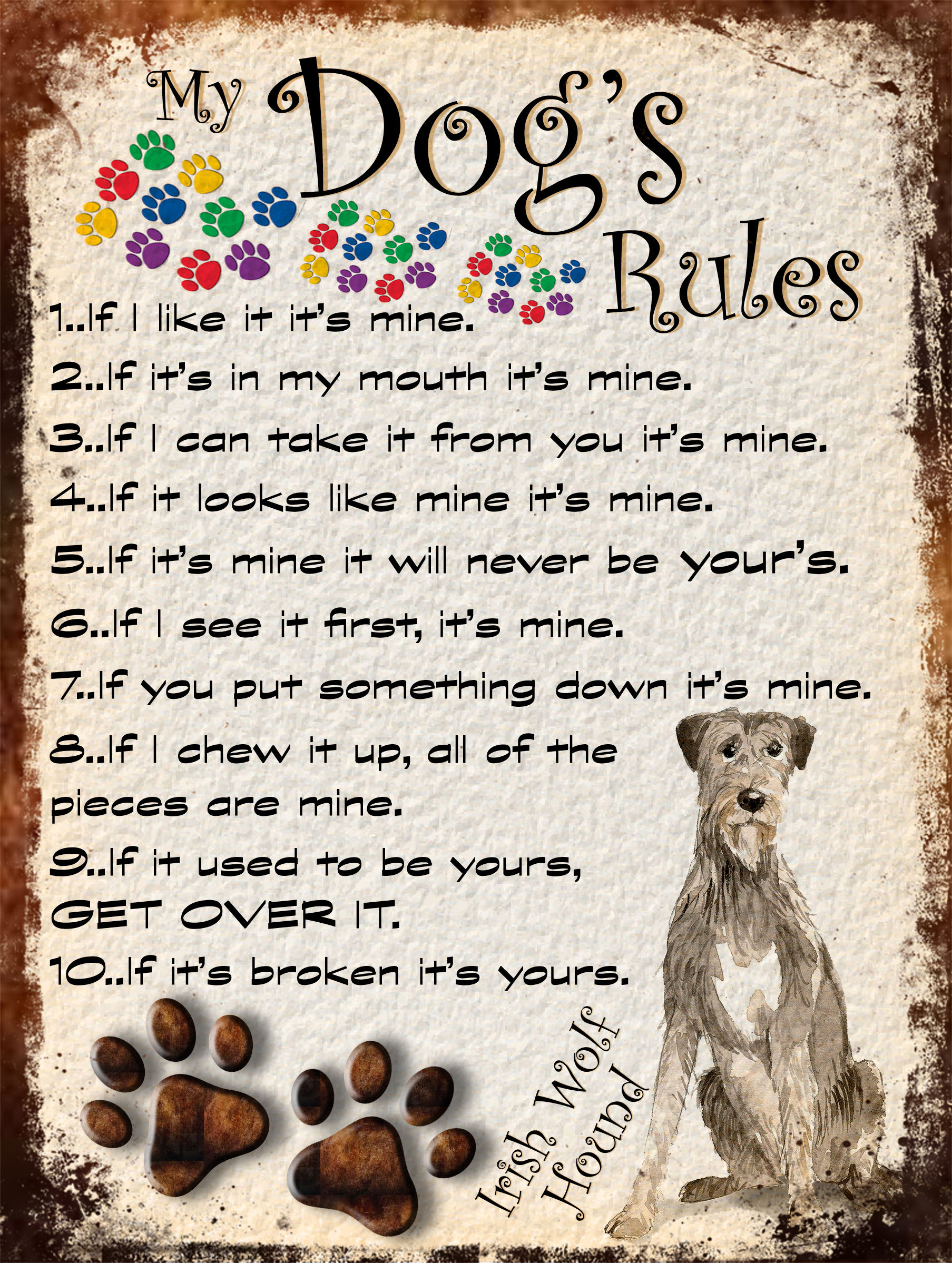 Irish Wolf Hound My Dogs Rules Retro Metal Sign / Fridge Magnet Shabby Chic