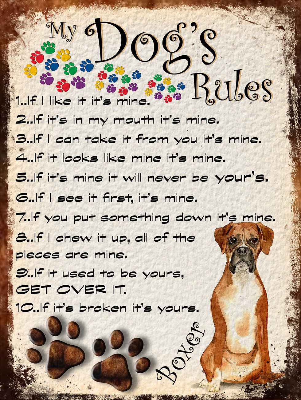 Boxer My Dogs Rules Retro Metal Sign / Fridge Magnet Shabby Chic