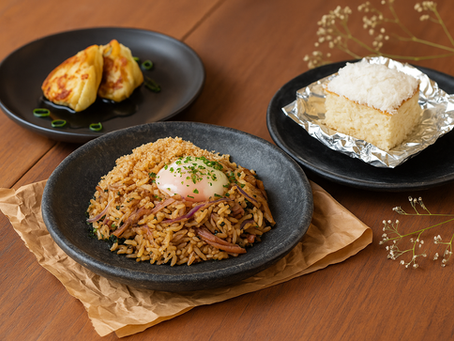 Menu executivo em três tempos com guiza de porco, arroz de costela e bolo de coco.