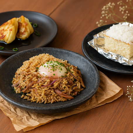Menu executivo em três tempos com guiza de porco, arroz de costela e bolo de coco.