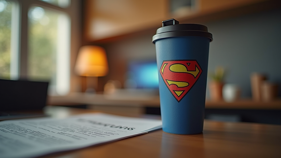 Eye-level view of a superhero drink tumbler with a web design on a desk