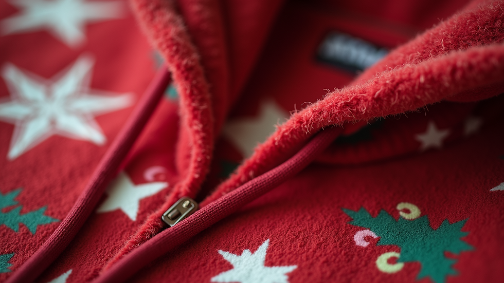 Close-up view of soft fleece fabric on a festive holiday hoodie