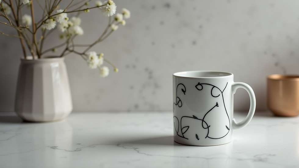 Eye-level view of a ceramic mug with a minimalist black-and-white design