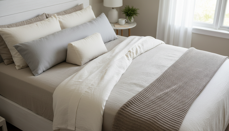 Overhead view of supportive pillows arranged on a bed for knee and leg alignment.