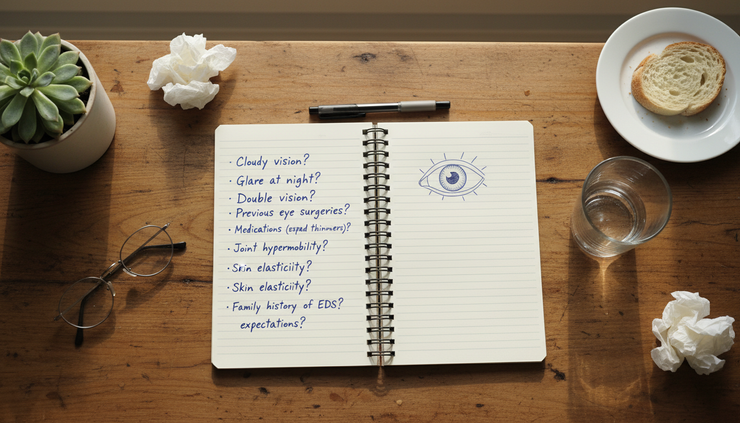 Overhead view of a notebook with eye exam questions beside a pair of glasses.