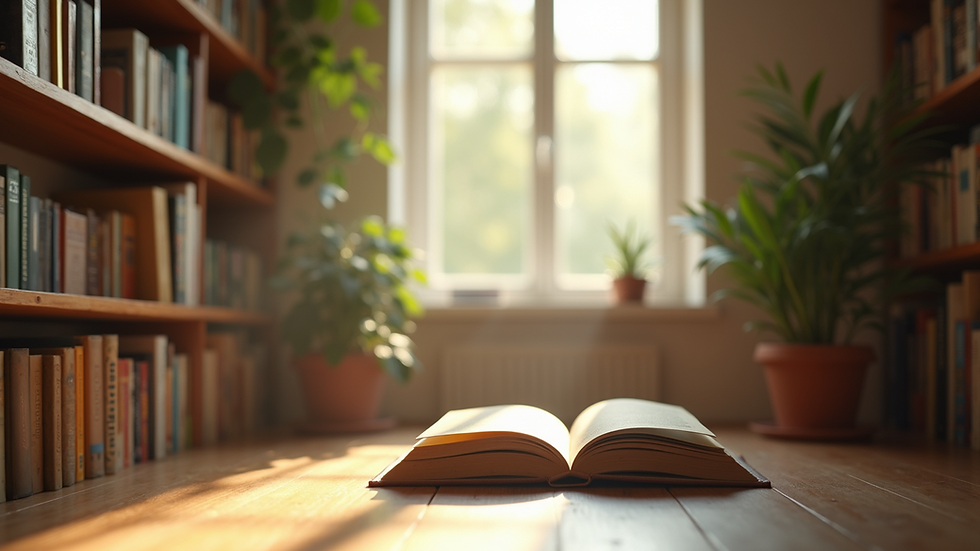 Eye-level view of a peaceful reading nook with soft sunlight