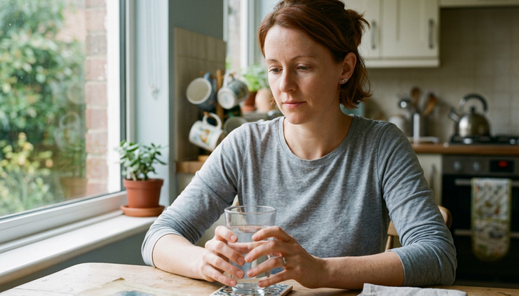 Eye-level view of a person holding a glass of water at a kitchen table.