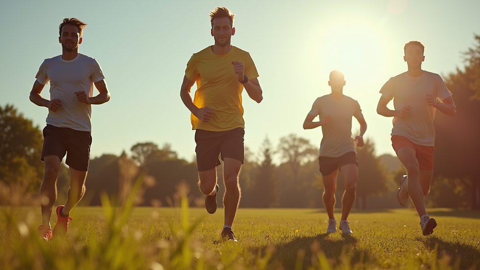 Wide angle view of energetic group exercising outdoors