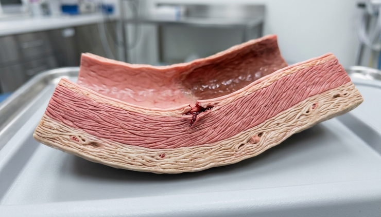 Close-up view of an anatomical model showing the layers of an artery