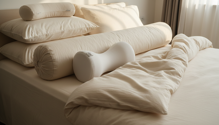 Close-up of supportive pillows arranged on a bed for side sleeping.