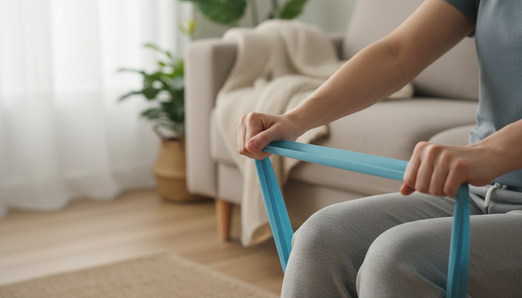 Close-up of hands holding a light resistance band during a seated strengthening exercise