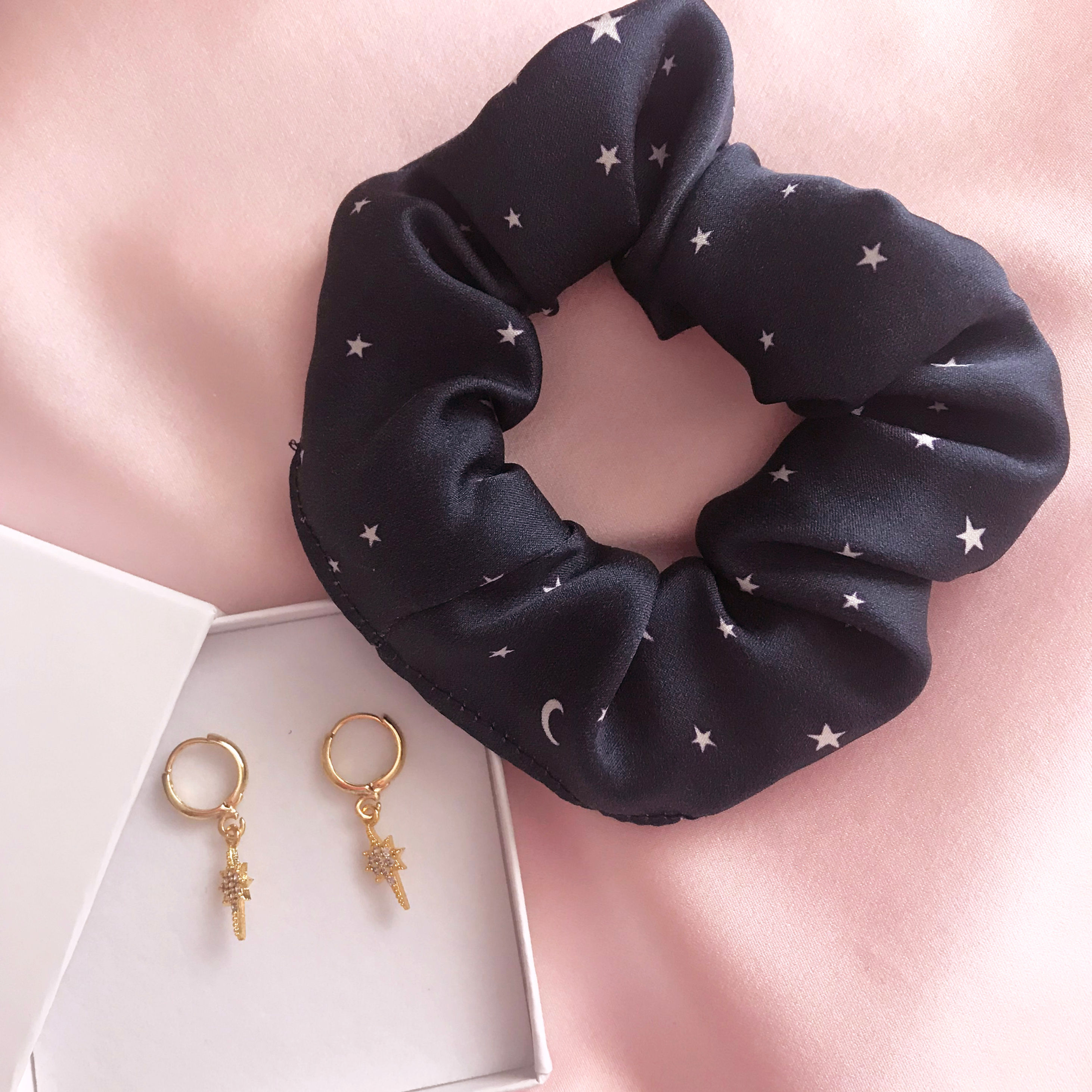 Navy Star Print Scrunchie and Earrings Set
