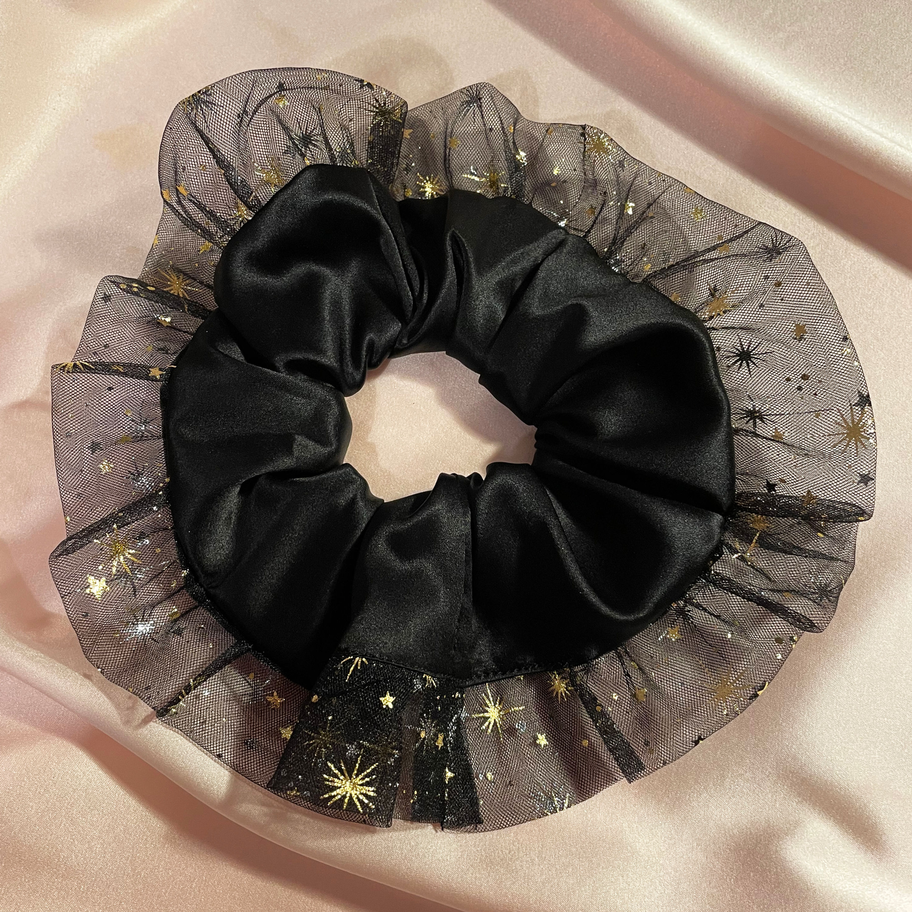 Maisie Onyx Double Ruffle Sparkle Tulle and Silk Scrunchie