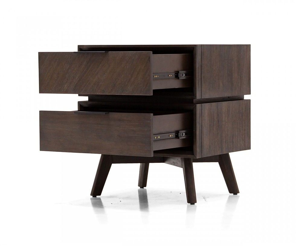 Thumbnail: Mid Century Acacia Nightstand with Two Drawers and Black Metal Handles