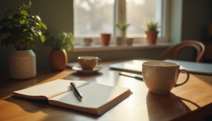 Eye-level view of a cozy workspace with a journal, pen, and a cup of tea