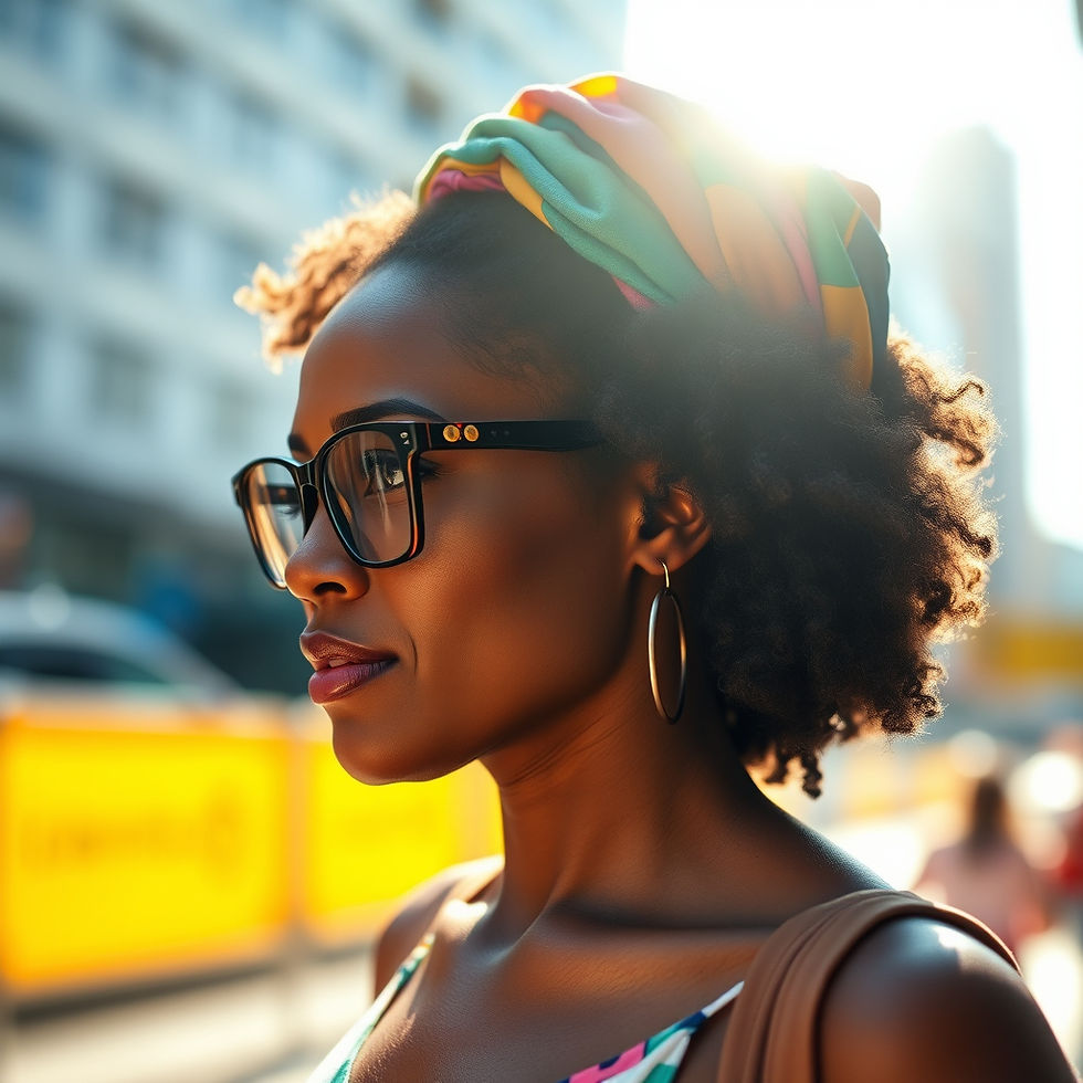 a Caribbean woman, wearing glasses, side view, face bathed in sunshine, glasses dark, walk