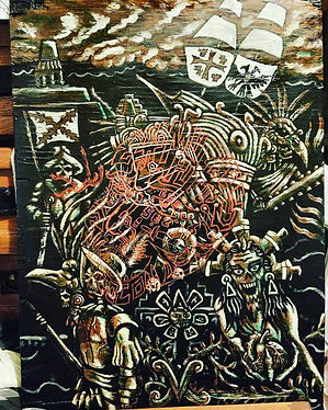 Black ink and oil paint on a wooden canvas