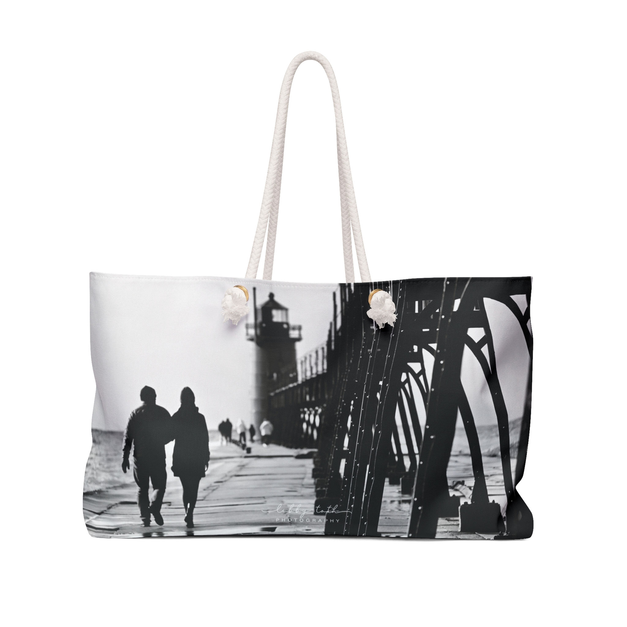 South Haven Pier Black and White Waterscape Tote
