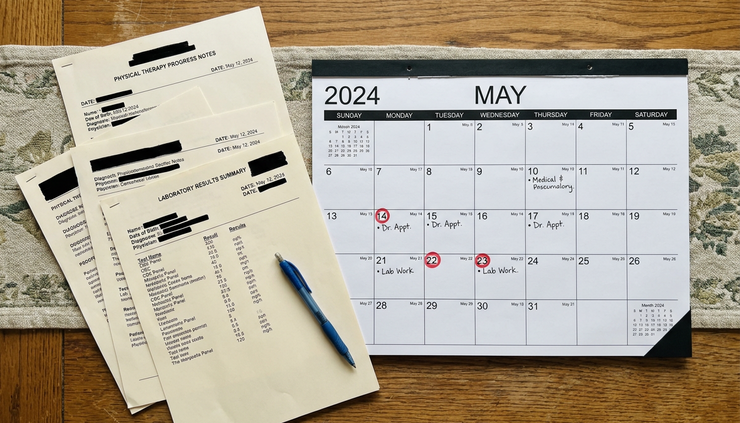 Vista cenital de informes médicos y una agenda abierta sobre una mesa de cocina.