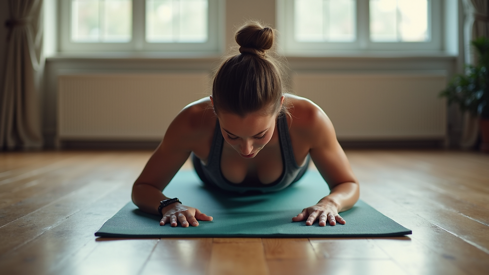 Close-up view of a person doing a plank exercise on a yoga mat