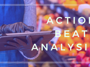 Gloved hands hold a tablet in a grocery produce aisle; blurred fruit behind, with large text ACTION BEATS ANALYSIS.