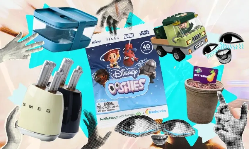 Collage of products on teal shapes: Disney Ooshies pack, Smeg knife block, LEGO truck, pencil sharpener, and butterfly cup.