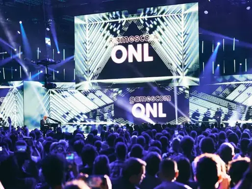 ogo ou arte principal da Gamescom 2025 com personagens destacados: Call of Duty: Black Ops 7, Resident Evil Requiem, Hollow Knight: Silksong, Black Myth: Zhong Kui e Lego Batman, com ambientação vibrante e efeitos visuais cinematográficos.