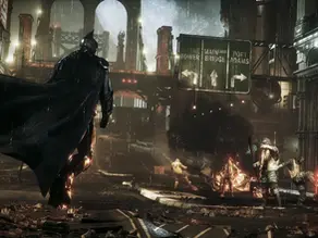 Arte conceitual vazada de jogo cancelado do Batman com Damian Wayne em traje de herói sobre cenário urbano sombrio