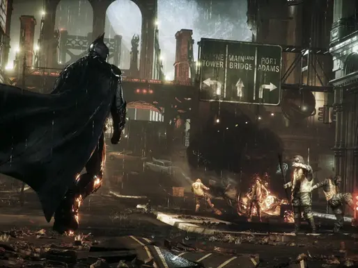 Arte conceitual vazada de jogo cancelado do Batman com Damian Wayne em traje de herói sobre cenário urbano sombrio