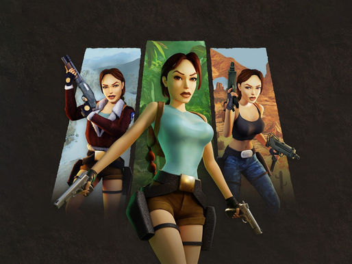 Arte promocional de Tomb Raider: Anniversary com Lara Croft em pose clássica.