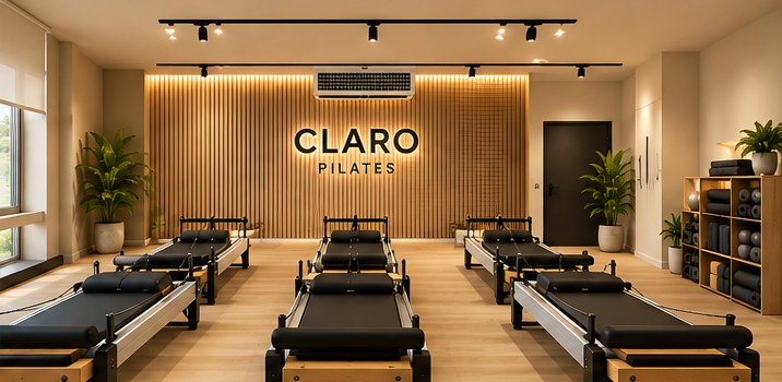 Sala de Claro Pilates con seis reformers y la pared de palillería de roble con el logotipo iluminado