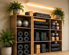 Estantería de madera con material de pilates ordenado y plantas