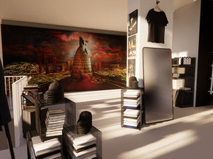 scénographie, modélisation 3D boutique, aménagement magasin éphémère, design intérieur minimaliste, merchandising, pop-up store Indochine, rendu 3D, conception espace retail.