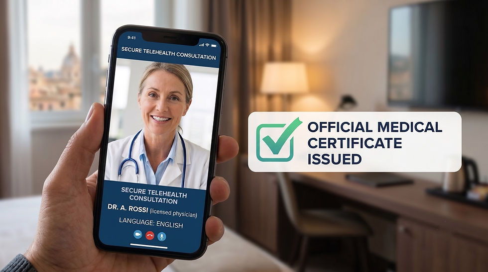 A close-up view of a smartphone screen displaying a secure video call with an English-speaking doctor, with a stylized "Fit-to-Fly" digital certificate icon overlaid.