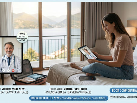 A realistic 2026 scene of a woman using telemedicine in her Italian hotel room overlooking Lago Maggiore. She is having an English-speaking video consultation with a Pyllola doctor for urgent care, while her suitcase is visible, highlighting the speed and confidence of avoiding an ER.