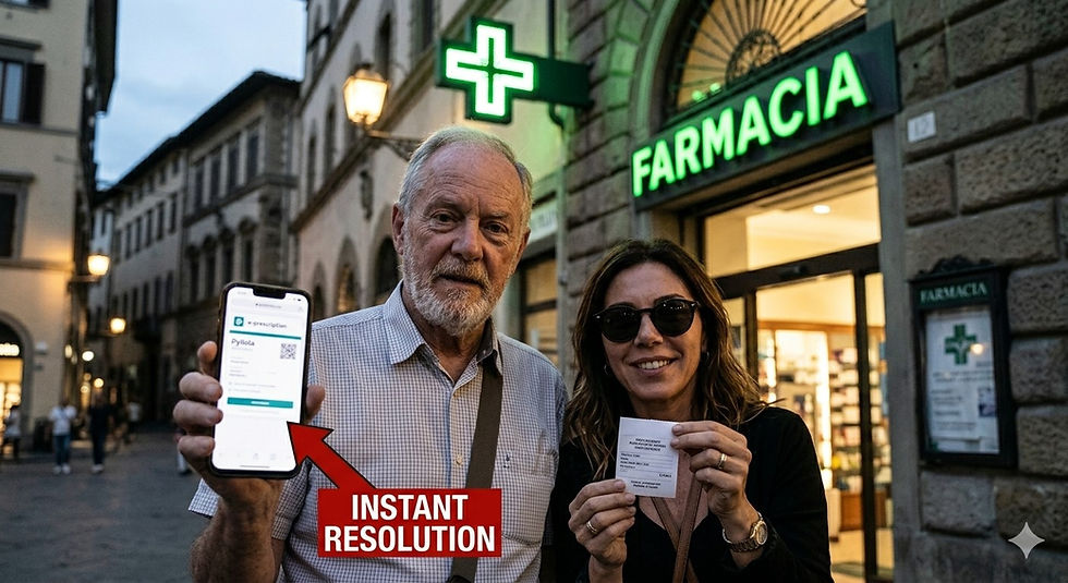 A close-up of a traveler (the man from image_0.png) presenting a Pyllola e-prescription graphic on his phone to a pharmacist outside a Roman Farmacia at dusk, establishing local medical support.