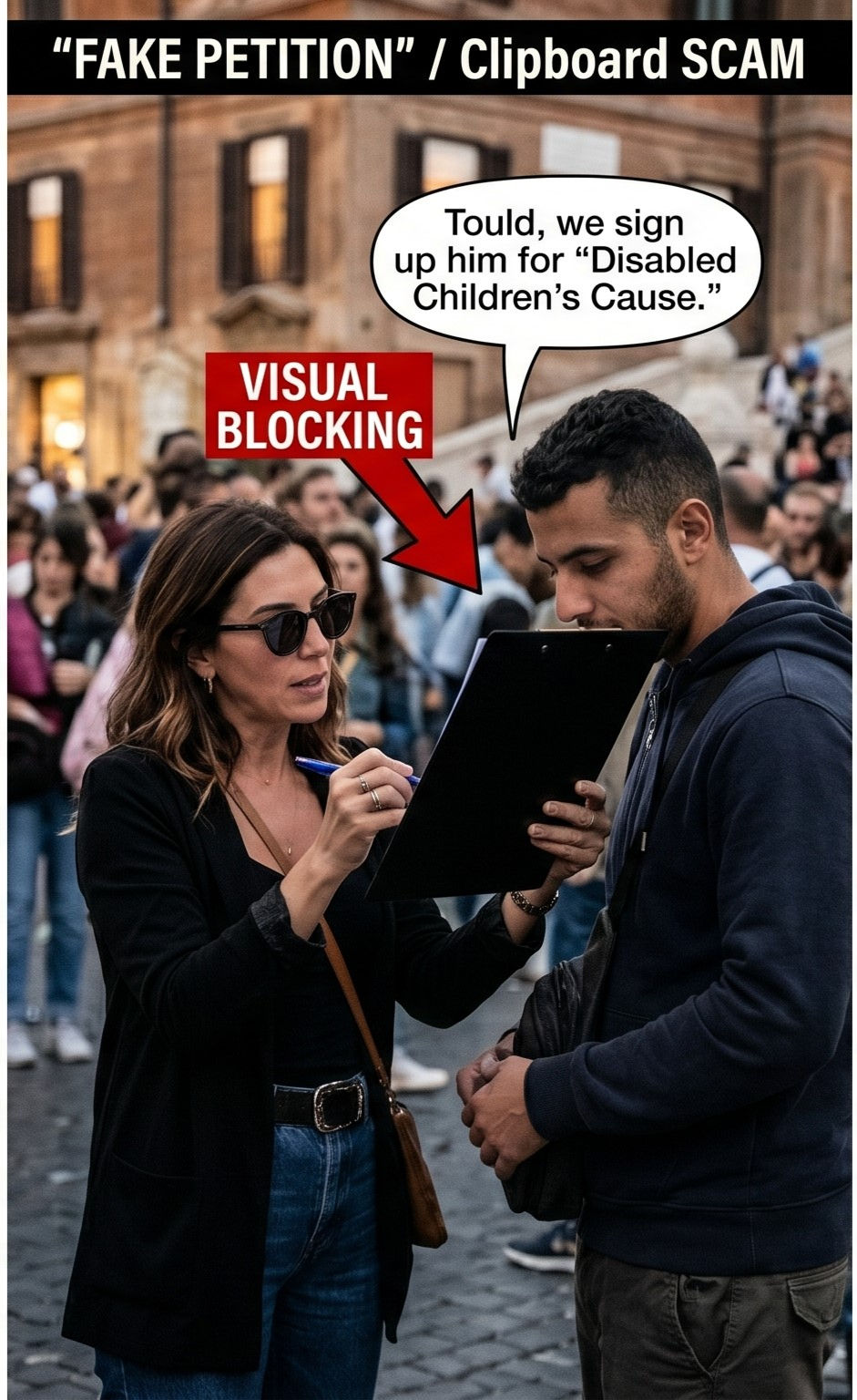 Infographic of common tourist scams in Italy: Bracelet scam (forced reciprocity), Fake Petition (visual blocking), and Bird Poop scam (tactile hijacking).