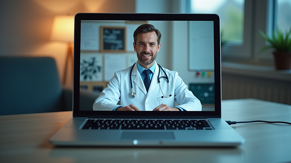 Eye-level view of a laptop showing a video call with a doctor
