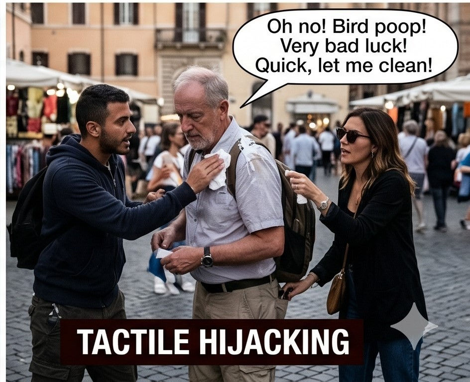 The 'Bird Poop' or spill scam in Italy; an example of tactile hijacking where a stranger's forced physical contact distracts a traveler during a pickpocket attempt.
Panel 2: The 'Fake Petition' (Visual Blocking): This image perfectly illustrates Cognitive Overload via visual field blocking. The clipboard is held high, creating an artificial blind spot that completely obscures the local man's view of his front-facing crossbody bag. While his attention is focused upward on signing, the female accomplice uses that blind spot to discreetly unzip his bag. A red arrow with 'VISUAL BLOCKING' text emphasizes the main tactic.
Panel 3: The 'Bird Poop' (Tactile Hijacking): This panel captures the immediate aftermath of the spill. The female accomplice (with the sunglasses) has just squirted the liquid. A "helpful" stranger uses the immediate crisis of the messy spill to rush in with great urgency and vigorously clean the shoulder. This aggressive cleaning creates the extreme tactile distraction (Tactile Hijacking), allowing the female accomplice to simultaneously empty the man's rear pocket.