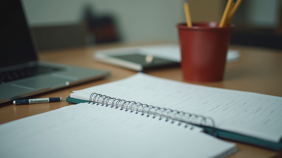 Close-up view of study materials and notes on a desk
