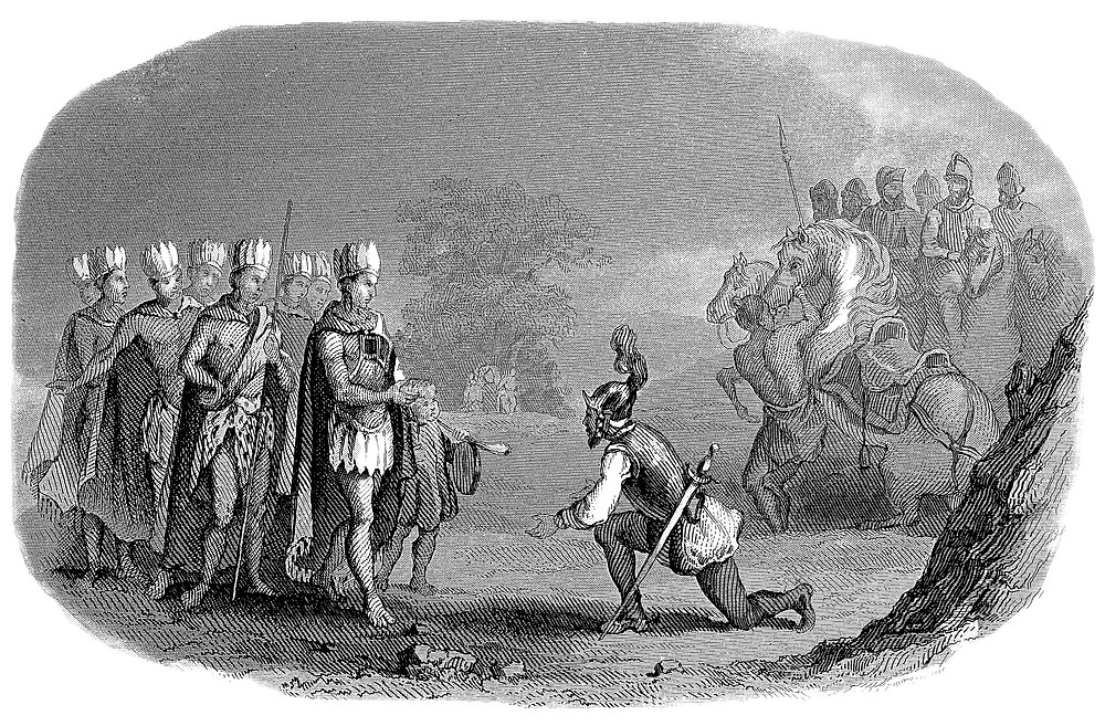 Artist representation of Incas meeting Conquistadors