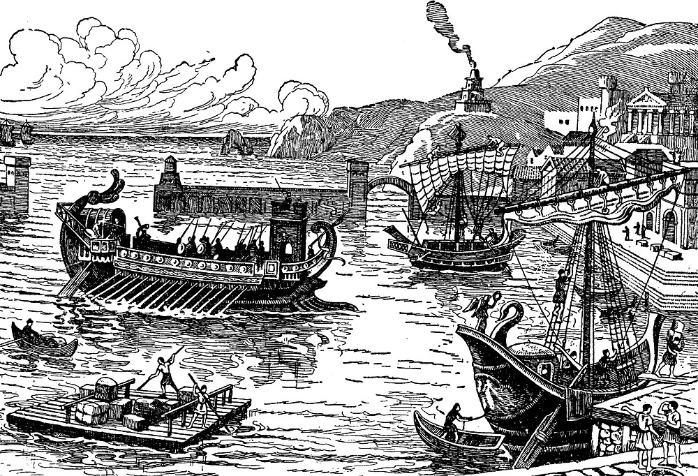 Artist rendition of an ancient harbor on the coast of the Mediterranean Sea
