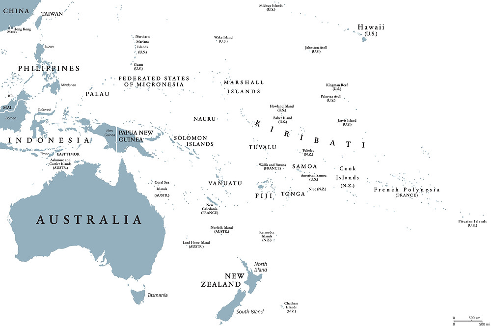 Oceania political map with countries. English labeling. Region, comprising Australia and the Pacific islands with the regions Melanesia, Micronesia and Polynesia.