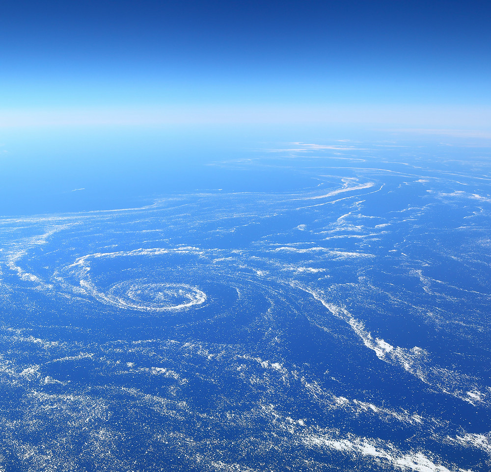 Aerial view of floating sea ice caught in marine currents off the eastern coast of Canada.