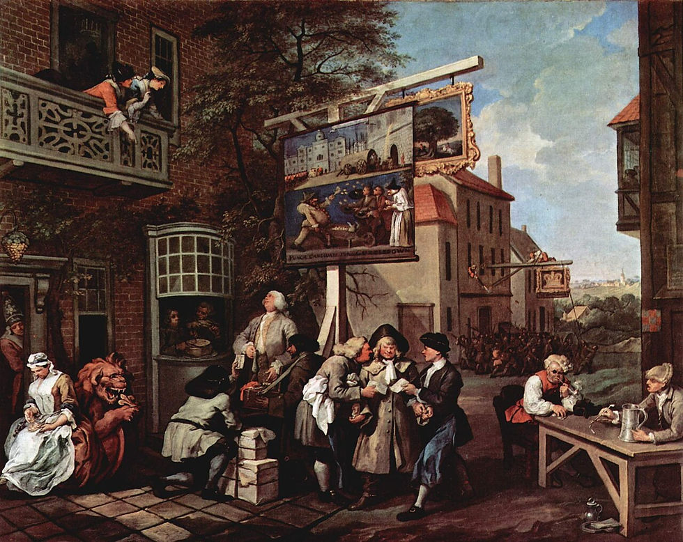 William Hogarth, Kupczący głosami, 1755, z cyklu: "Anegdotki o wyborach". W centralnym punkcie obrazu Hogarth przedstawił karczmarza, którego przedstawiciele dwóch partii politycznych usiłują przekonać do oddania głosu na ich stronnictwo, wręczając mu banknoty.