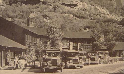 Tour busses in front of the Zion lodge. Photo by George A. Grant, c. 1929
